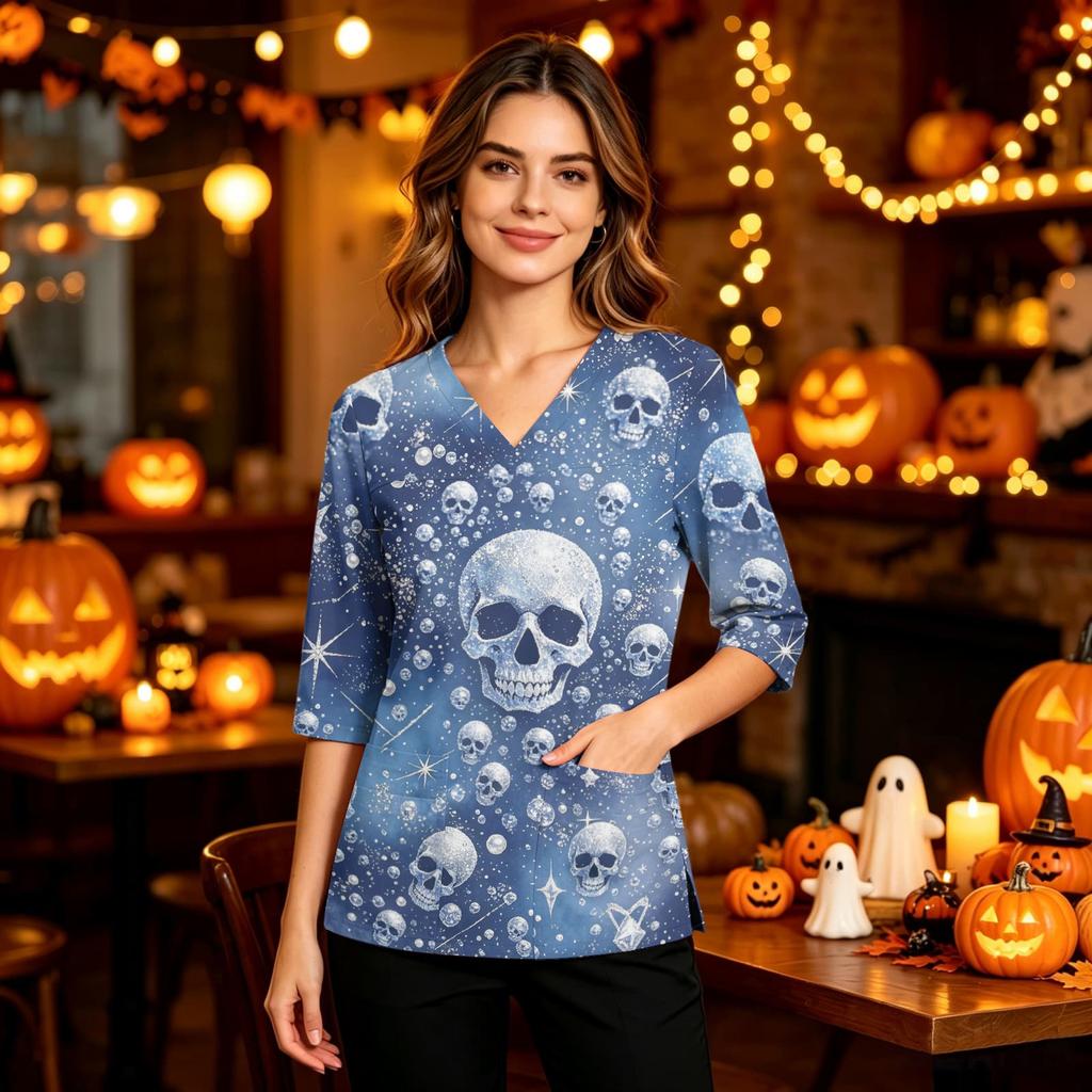 Damen Casual Uniform Top mit Halloween-Print, V-Ausschnitt, Taschen, Seitenschlitz und Dreiviertelärmeln