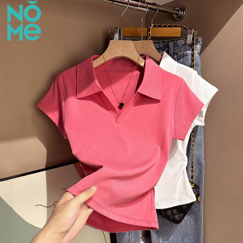 NOMe Women's Polo Collar Pleated Waist Cotton T-shirt