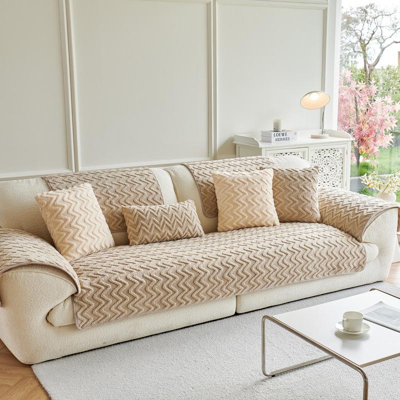 1PC Wave Pattern Plush Sofa Cushion Light Luxury Sofa Mat Towel Solid Color Anti-slip Couch Slipcover for Living Room Decor