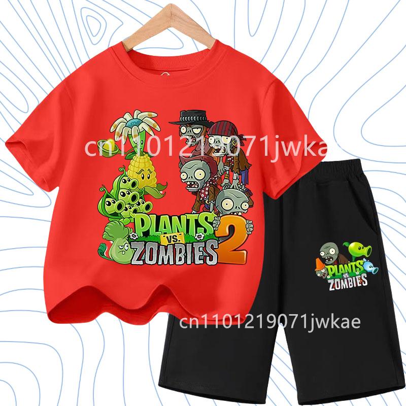 Kids Street Fashion Boys Girls T Shirt Set Plants Vs Zombies Cute Print 2026 Summer Casual Daily Wear 3-12 Age Shirt Suit