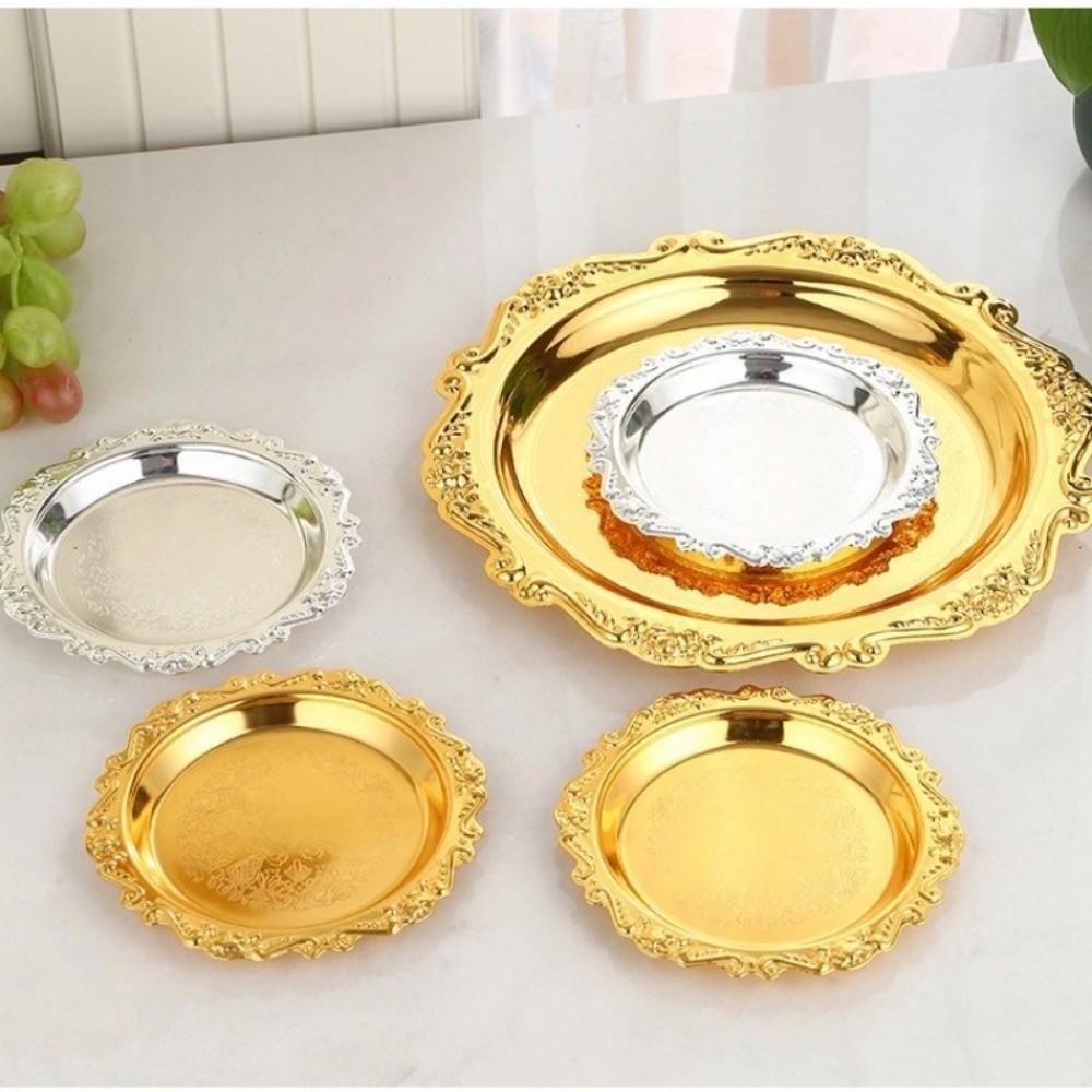 Golden Silver Cake Tray Round Dinner Serving Tray Retro Fruit Snack Plate  Party Decorative