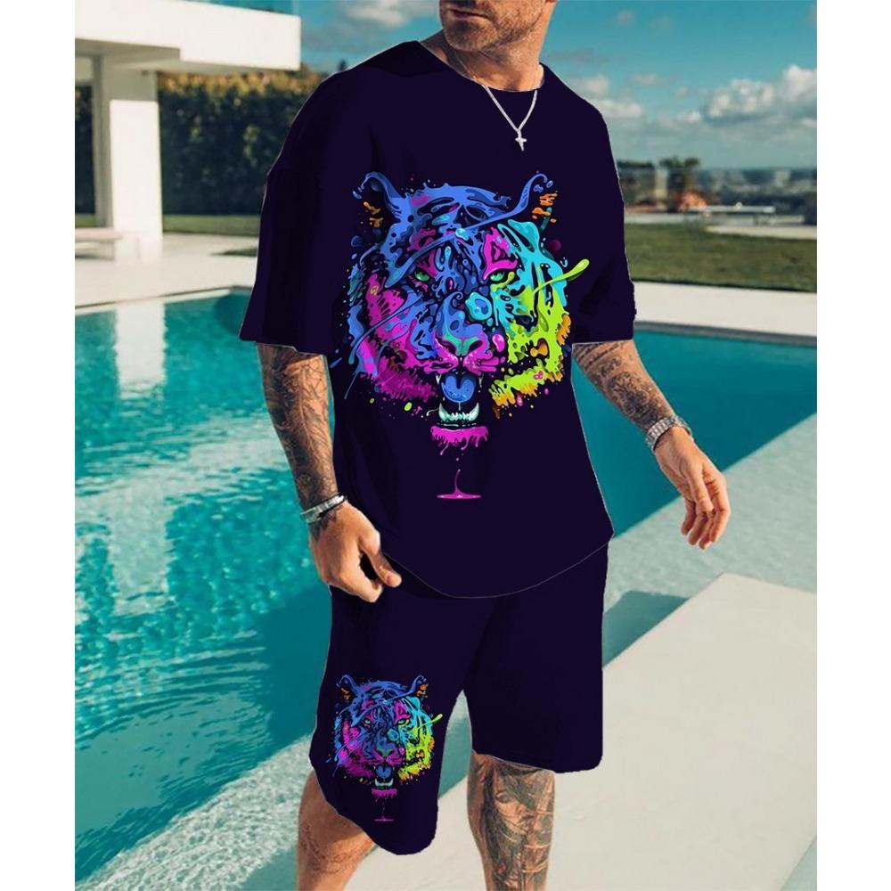 Summer Fashionable Creativity 3D Digital Printing Two-piece Set Street Casual Breathable Comfortable Sports Loose Large Size Men's Sports Wear