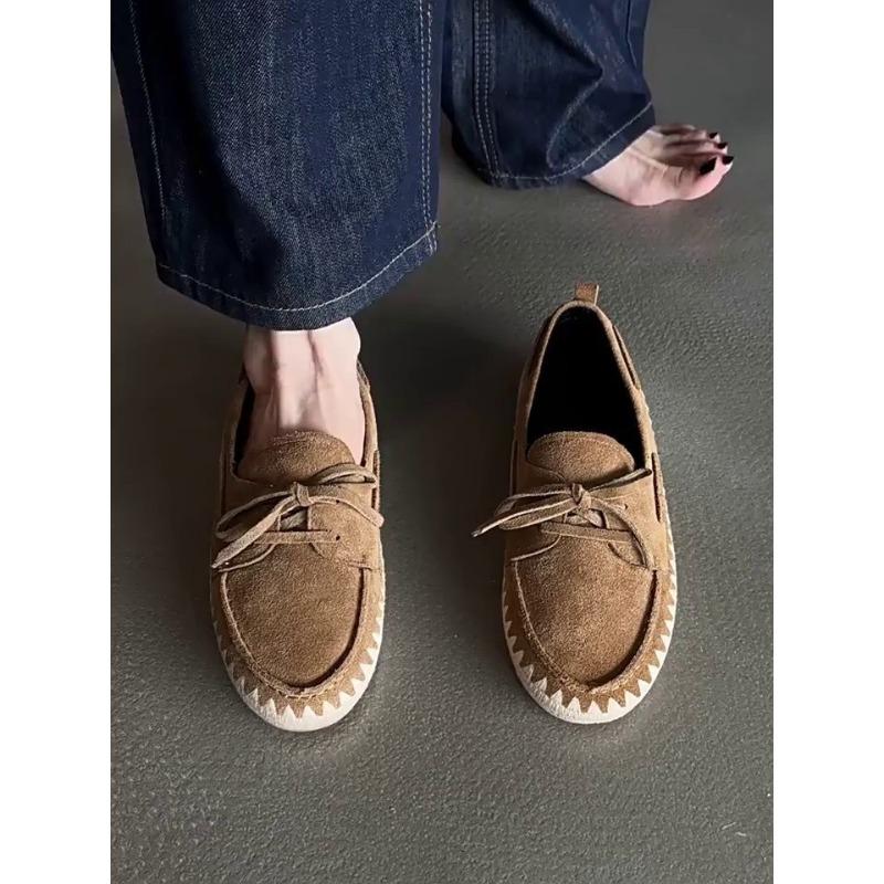 

Sheepskin version~ retro suede round head flat bottom fisherman shoes women s new one-pedal lazy shoes 40
