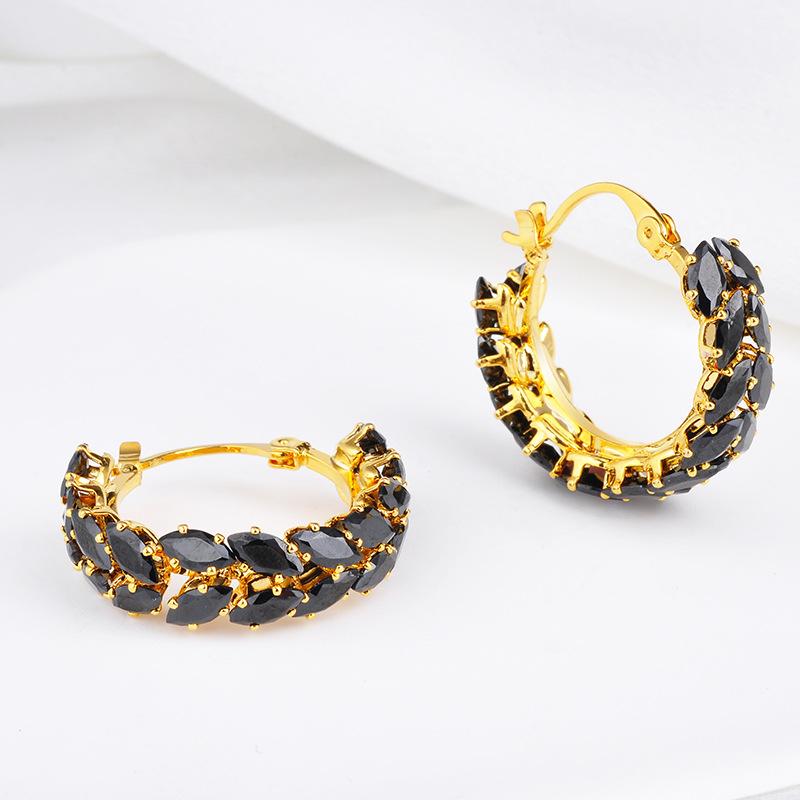 2026 European Gothic Black Zircon Hoop Earrings - Vintage Gold Plated Marquee Crystal Ear Buckles for Women Light Luxury Jewelry