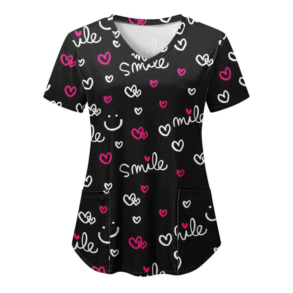 Women's T-shirt V-neck Nurse Uniform Casual Short Sleeved Women's Printed Heart T-shirt