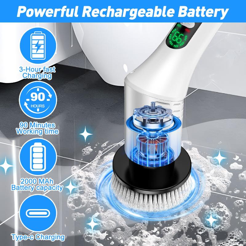 9 In 1 Electric Spin Hand-held Scrubber Digital Display Cordless Cleaner Brush with Telescoping Long Handle for Bathroom Kitchen