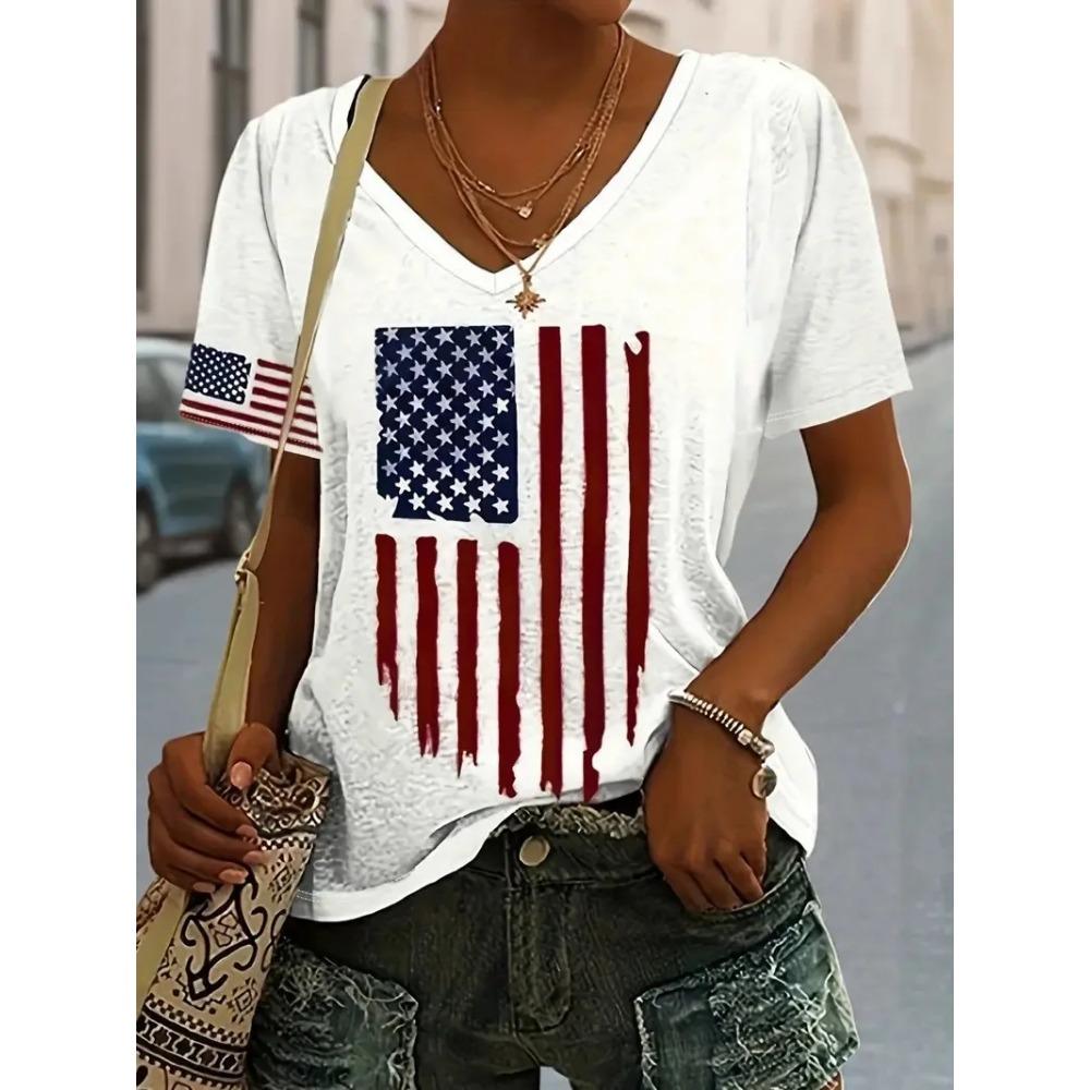 Summer Women's T-shirt Cat Pattern Printing V-neck Short-sleeved Loose Oversized Clothes