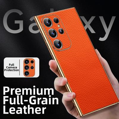 Echtes Leder Lychee-Muster Handyhülle für Samsung Galaxy S26 S22 S23 S25 Ultra S24 Plus S26+ Galvanisierte Weiche Hülle S0035