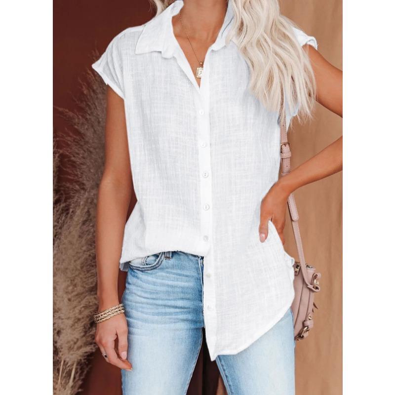 Women Cotton Shirts Vintage Solid Color Short Sleeve Button Harajuku Loose Blouses and Tops Casual Ladies Tunic Oversize T-Shirt