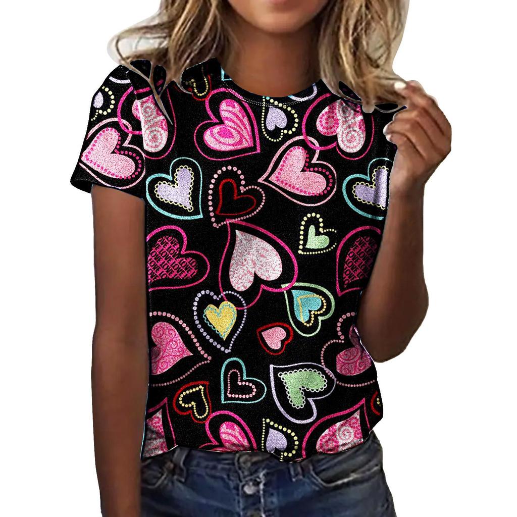 Summer Round Neck 3D Love Flower Print Top Fashionable Casual Short Sleeved Women's T-shirts