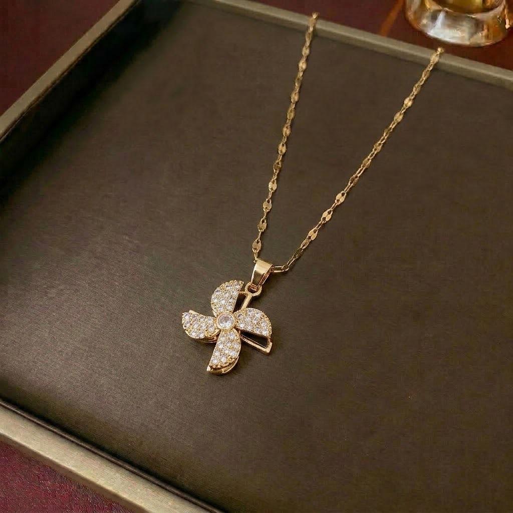 Women's Fashion Necklace & Bracelet Set: Flower Pendant, Diamond Bauhinia Earrings