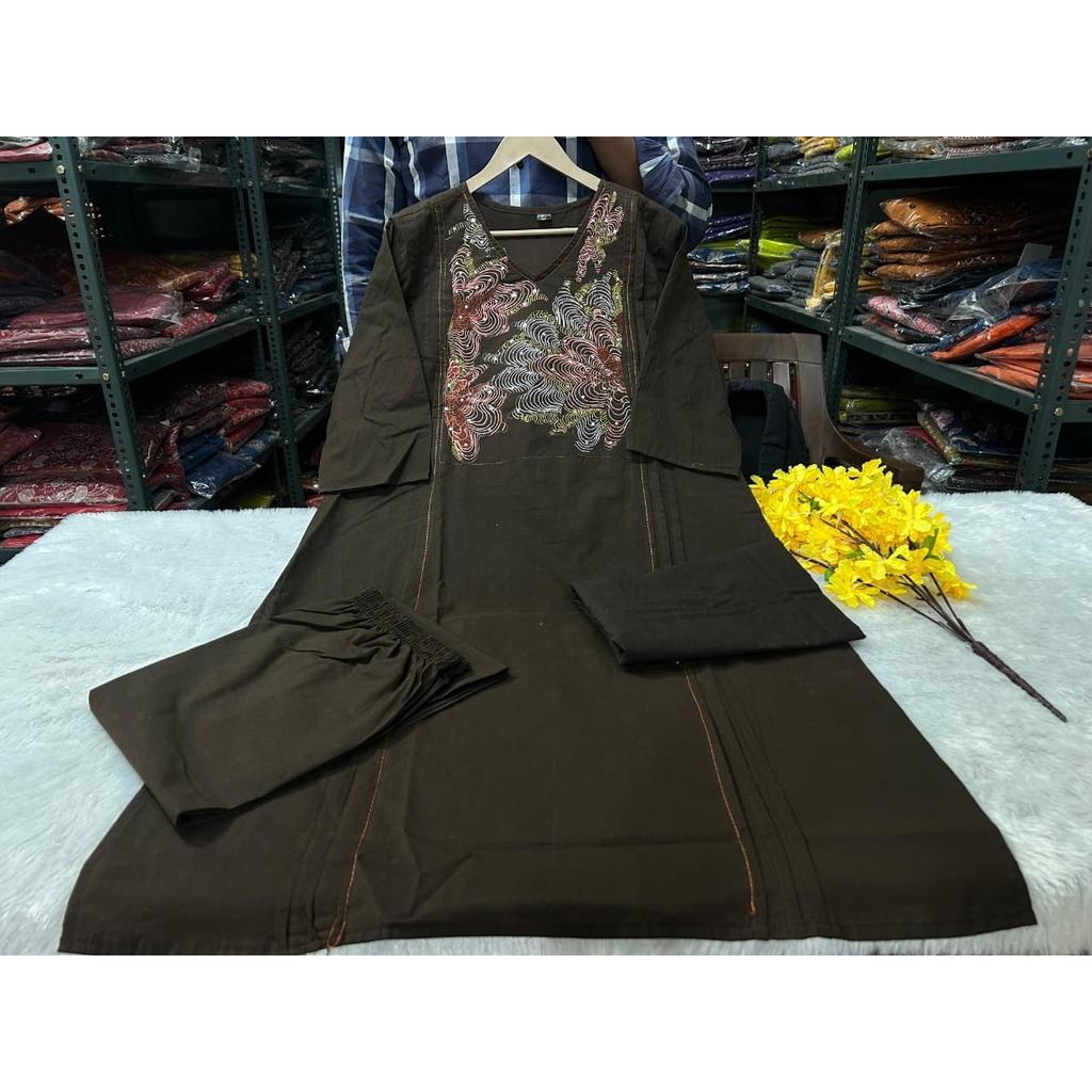 Beautiful Brown Cotton Kurti Pant Dupatta Set Indian Designer Ethnic Kurta Set