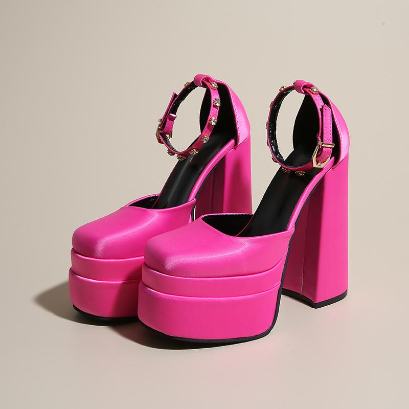 

2025 весенняя мода босоножки на высоком каблуке со стразами атласные босоножки на высоком каблуке женские водонепроницаемые на толстом каблуке с высоким каблуком 42 розы красного