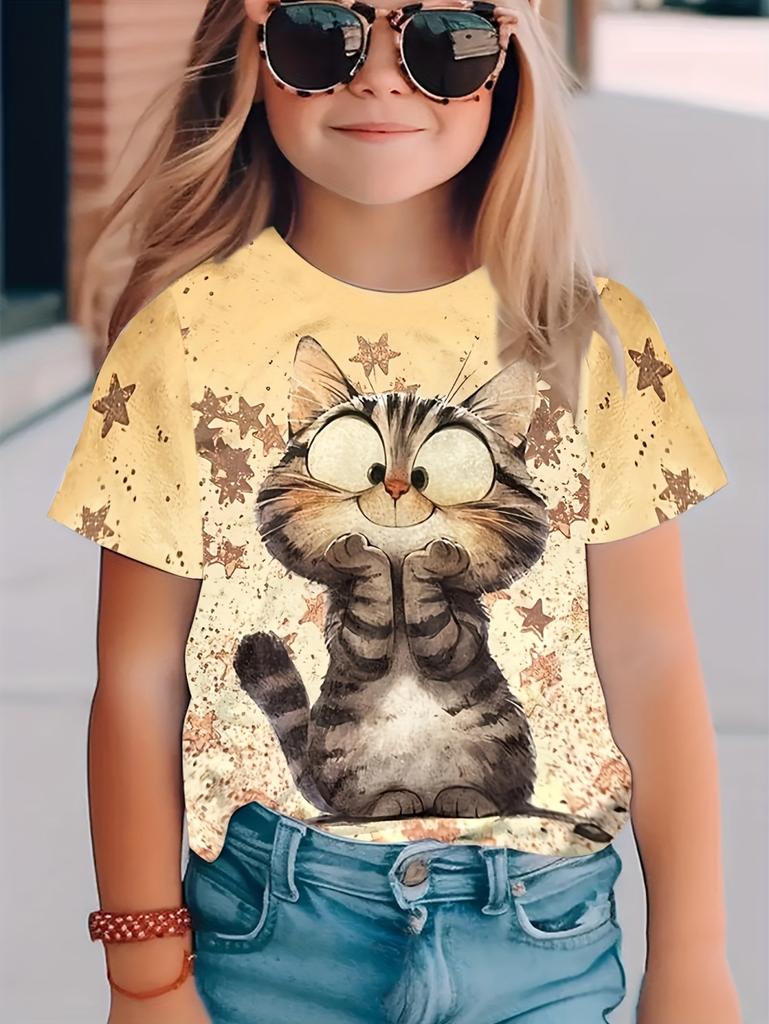 Kawaii Cat Girls Clothes 3D Print Children's T-Shirt O-Neck Pullover Girl Short Sleeve T-Shirt Comfortable Children's Clothing