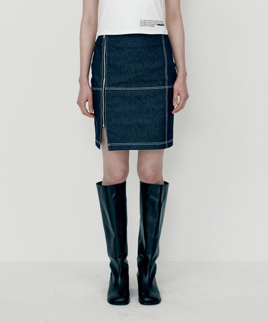 Moseullu Zipper Denim Midi Skirt (Blue)