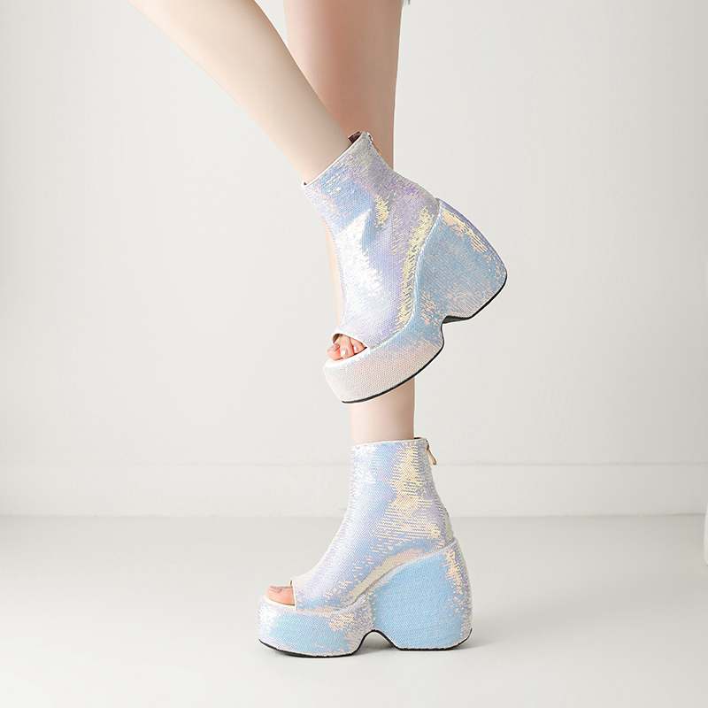 Krazing Pot Sequin Cloth Spring Summer Size 43 Size 42 Women Platform Women Peep Toe Toe Sexy Summer Boots Zipper Thick Bottom Pumps
