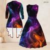 Women Plus Size Two Piece Set Sleeveless Round Neck Tie Waist Printed Flared Dress 3 4 Sleeve Open Front Cardigan
