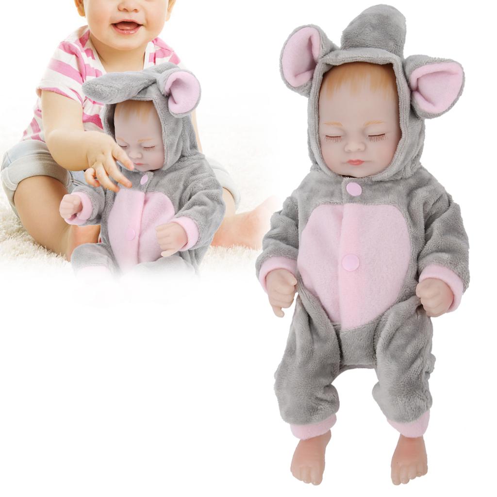 Mini Baby Doll Lifelike Silicone Closing Eyes Bath Toys Girls Doll Toy for NewbornsGray Pink Doll