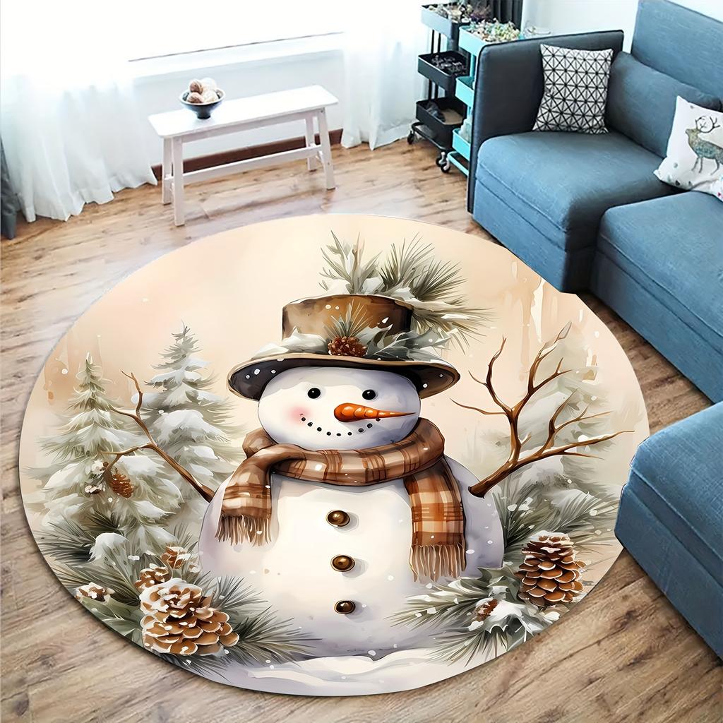 1Pcs Christmas Snowman Pattern Round Area Rug Indoor Non-Slip Washable Fiber Carpet Soft Comfortable Mat For Bedroom Living Room