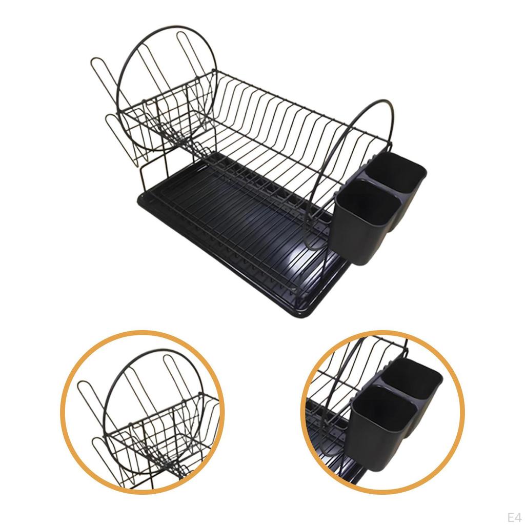 Dish Drying Rack with Cup Holders Space Saving Carbon Steel, Cutlery Holder Drainer for