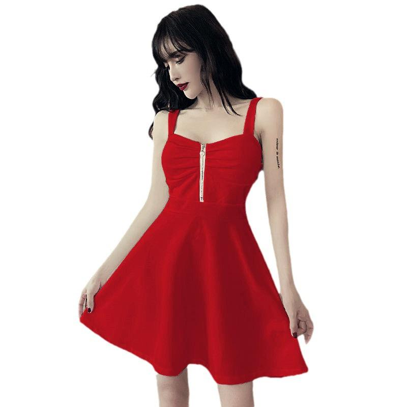 Chic New Style Internet Celebrity A-Line Suspender Dress: Slim Fit, Ruched, Low-Cut, Zipper, Elegant Short Skirt