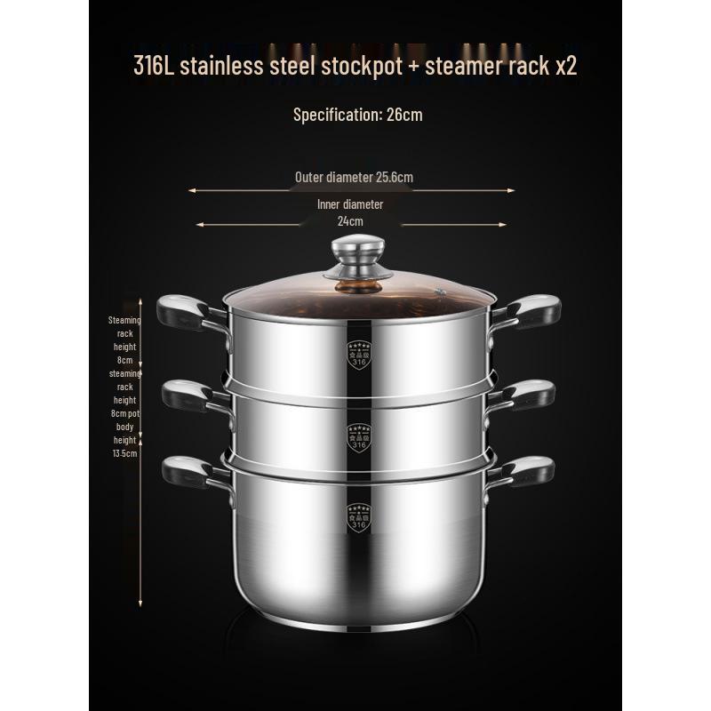 2025 Three-Layer 316 Stainless Steel Steamer & Soup Pot for Induction & Gas Stoves