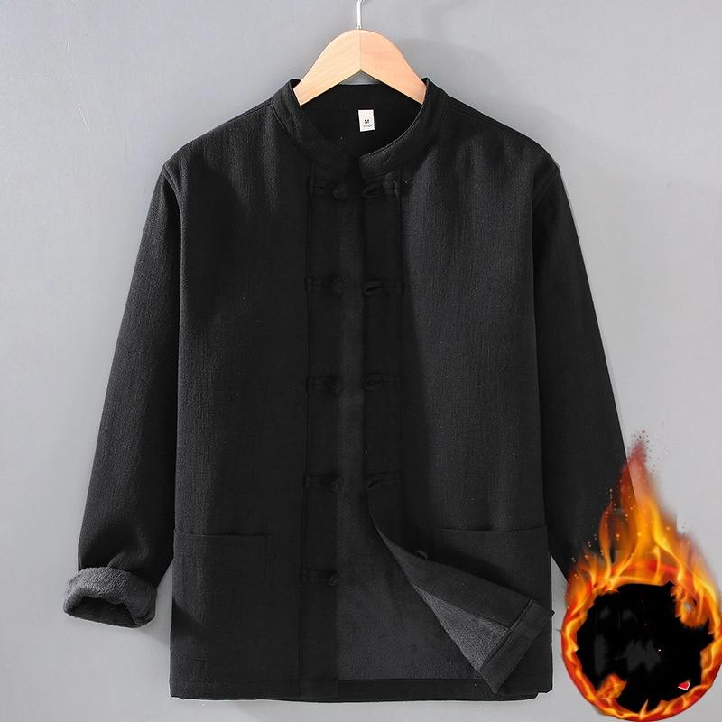 Winter Warm Men Shirt Cotton Linen Thicken Casual Coat Stand Collar Disc Buckle Shirt Grey Fleece Jacket Chinese Traditional Clothing