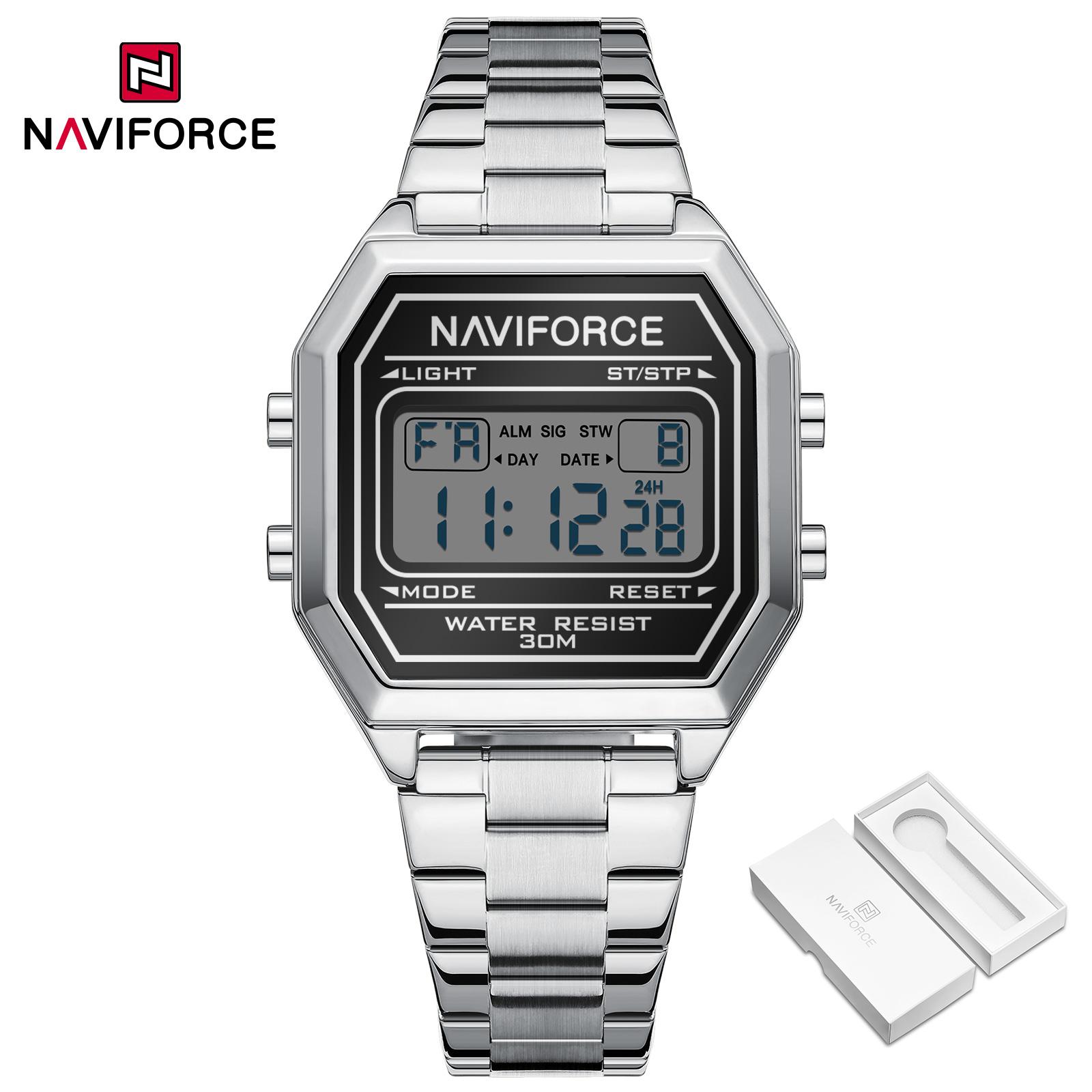 

NAVIFORCE Women Square Digital Watch LCD Display Day Date Stainless Steel Strap Waterproof Chronograph Alarm Women Fashion Watch NF5063S серебряный