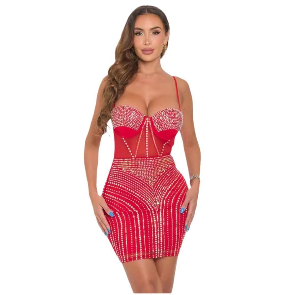 European-American Sexy Sheer Patchwork Bodycon Camisole Dress with Hot Drill Design
