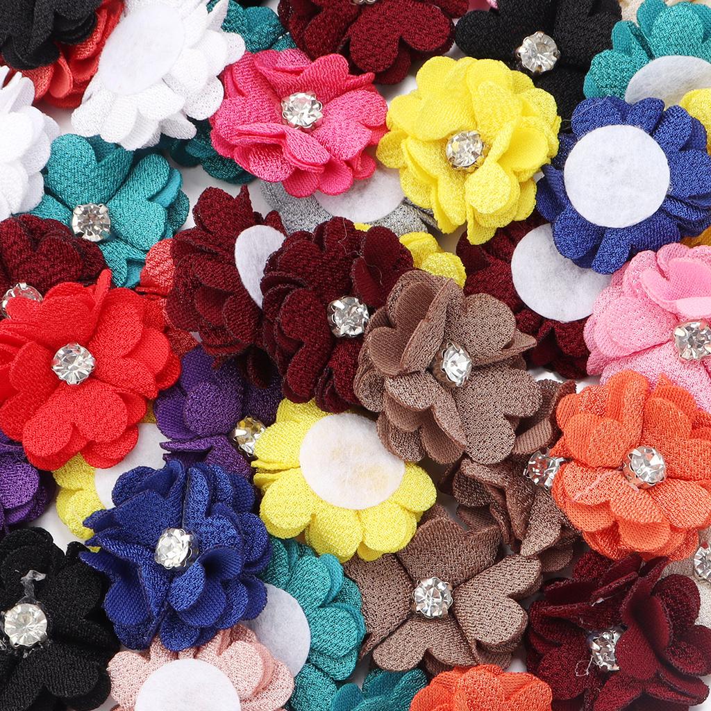 10pcs Colorful Fabric Flower 3.5cm Rhinestone Flower Core Pearl Hemp Flower Applique For DIY Clothing Sewing Headwear Decoration