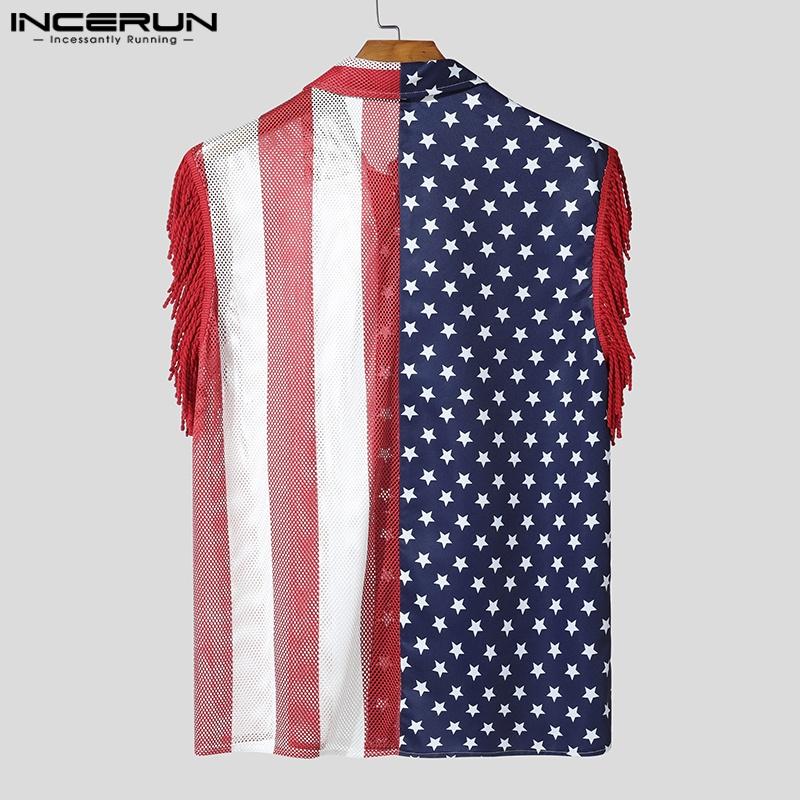 INCERUN Summer Men Lapel Tassel Sleeve Stitching Print Mesh Sheer Casual Tank Tops