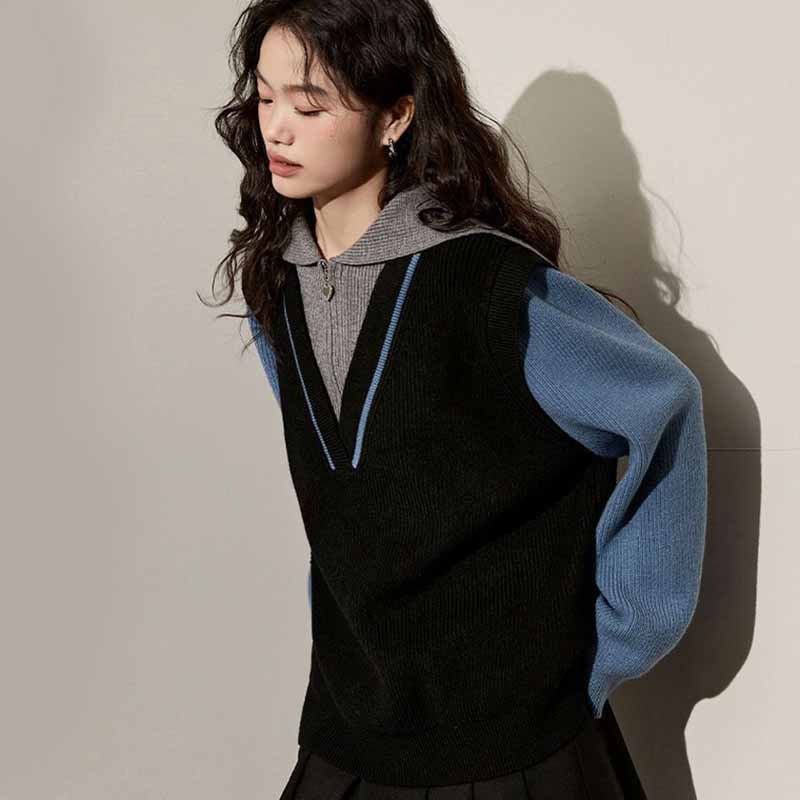 Navy Neck Half Zip Fake Two-piece Color Matching Pullover Women's Autumn and Winter Sweater