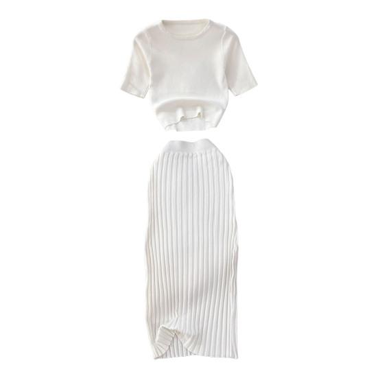 Women's Summer Skirt Set Short Sleeve Crew Neck Crop Top And High Waist Maxi Skirt Set Knitted Two Piece Outfit