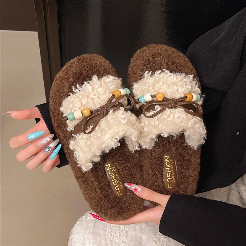Korejské dámské pantofle s tlustou podrážkou a chlupatým svrškem pro nošení 2025 nové podzimní a zimní bavlněné pantofle s měkkou podrážkou a barevným provedením