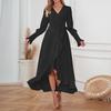 Women's Long Sleeved Solid Color High Round Large Swing Dress Slim Fit Long Dress