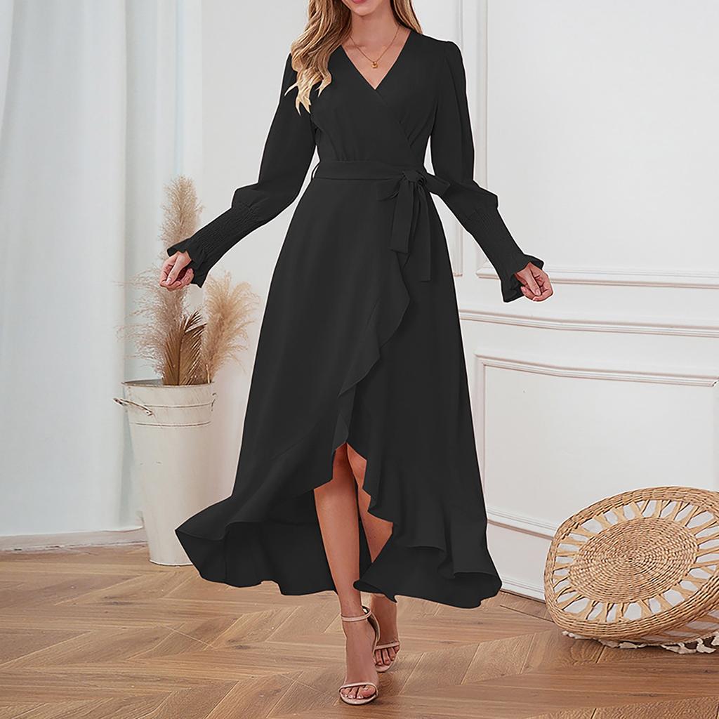 Women's Long Sleeved Solid Color High Round Large Swing Dress Slim Fit Long Dress