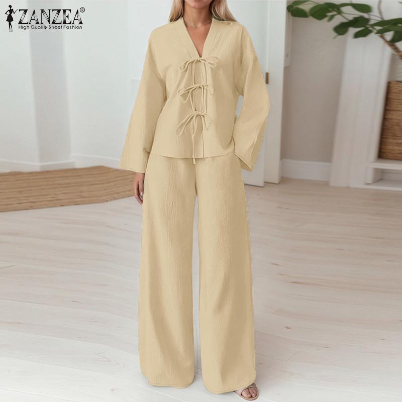 ZANZEA Damen Langarm Schnürbluse und Hose Lässige zweiteilige Anzugsets