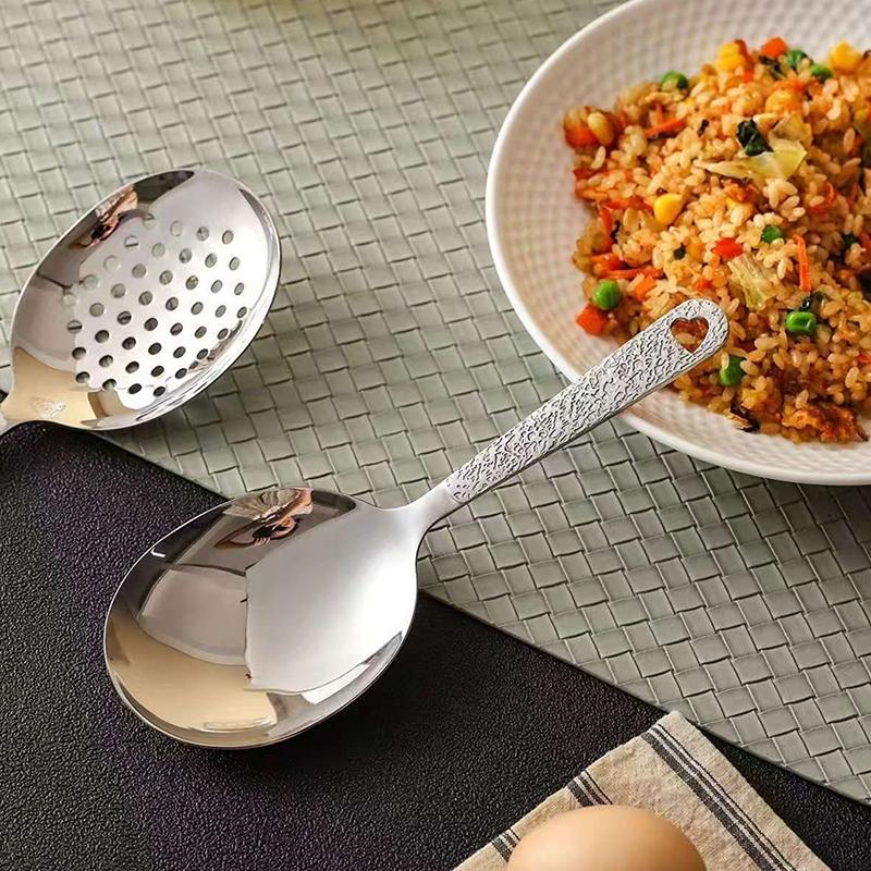 Essentieller Küchenlöffel aus Edelstahl mit flachem Boden; Ideal zum Servieren von Reis, Suppe, Dessert oder Eis.