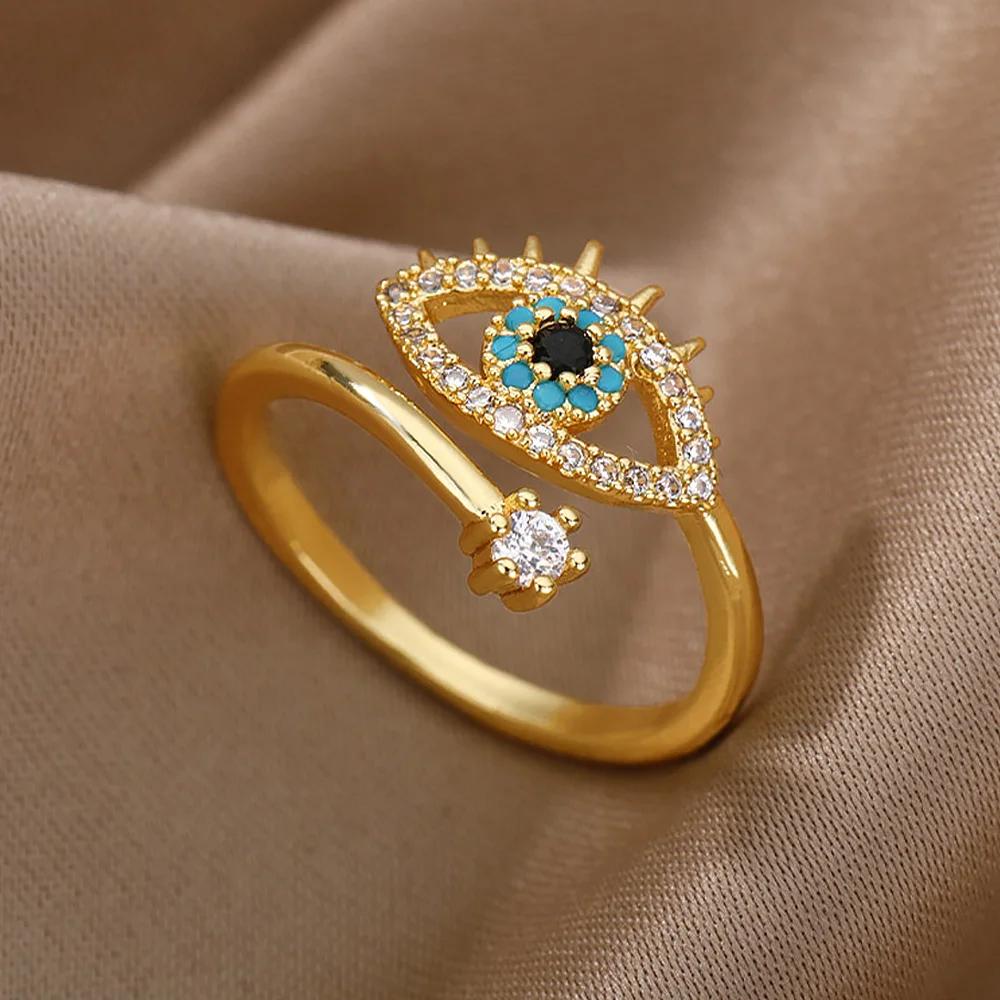 Gold Color Turkish Evil Eye Ring for Women Stainless Steel Luxury Wedding Couple Jewelry Trendy Anillos Mujer