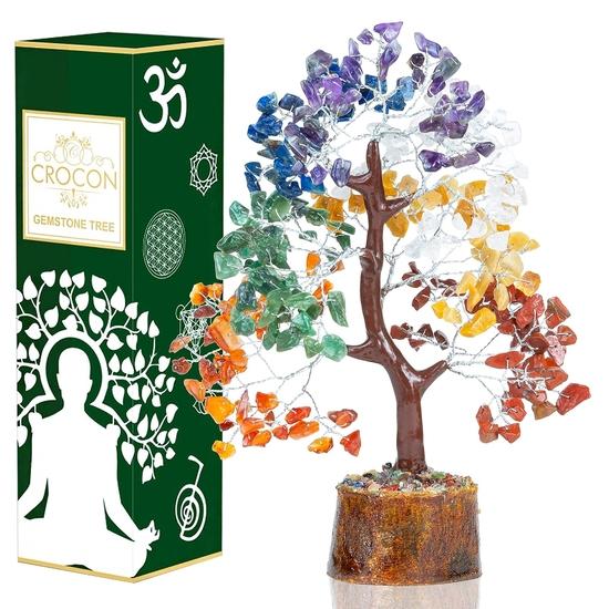 Crocon Seven Chakra Gemstone Tree Feng Shui Figurine Money Bonsai Good Luck Reiki Healing Crystals Balancing Decoration Ornament Sculpture  10-12