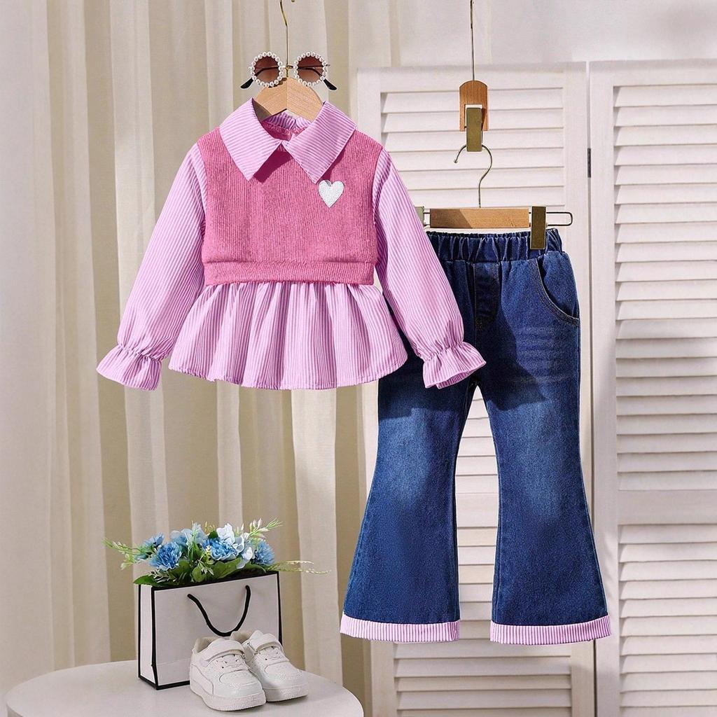 Herbst Baby- und Kleinkind Umlegekragen Hemd Patchwork Top + Denim Schlaghose Zweiteiler