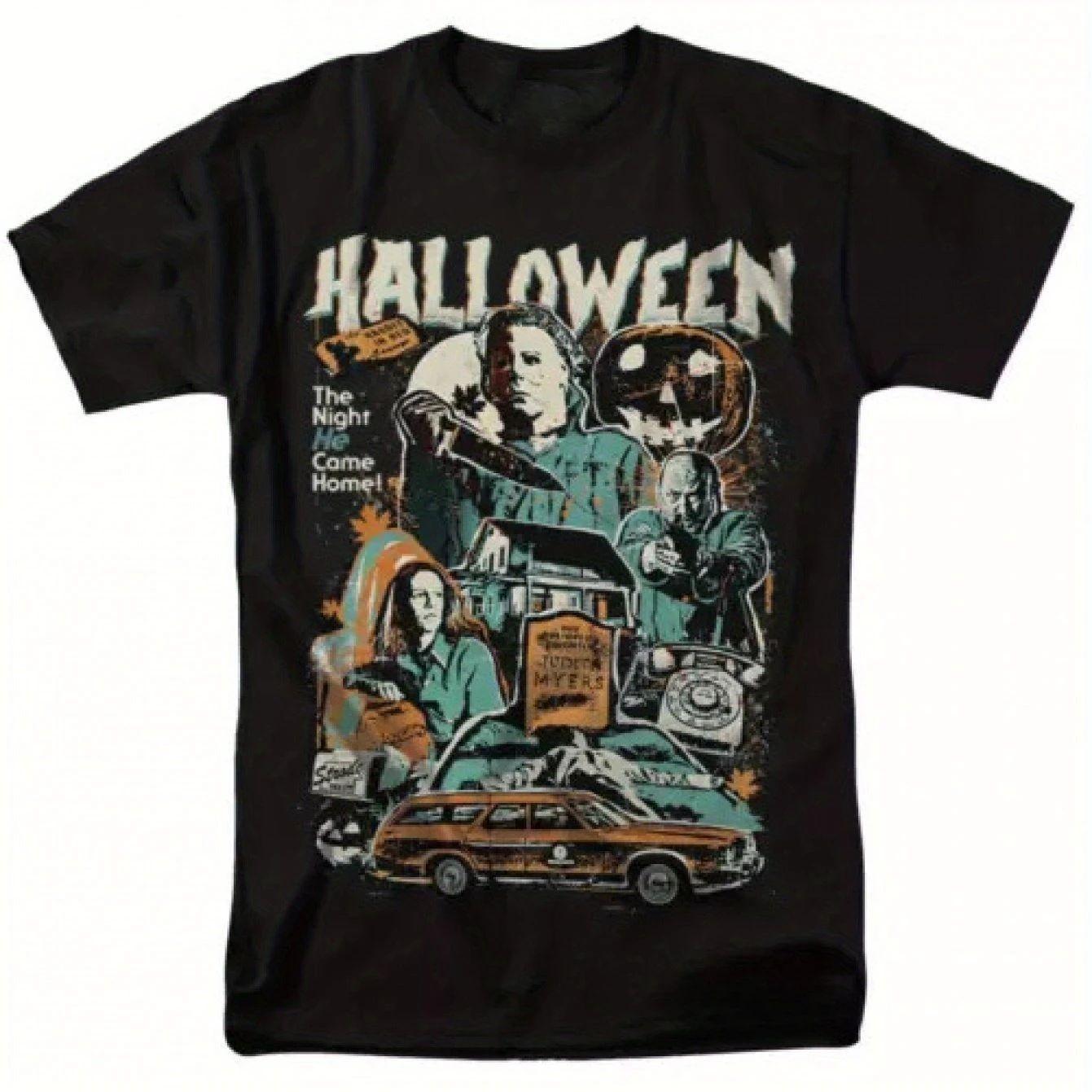 

Vintage 90s Michael Myers Halloween Horror Movie Graphic T-Shirt Black Retro Spooky Design with Haunted House Bats 4XL