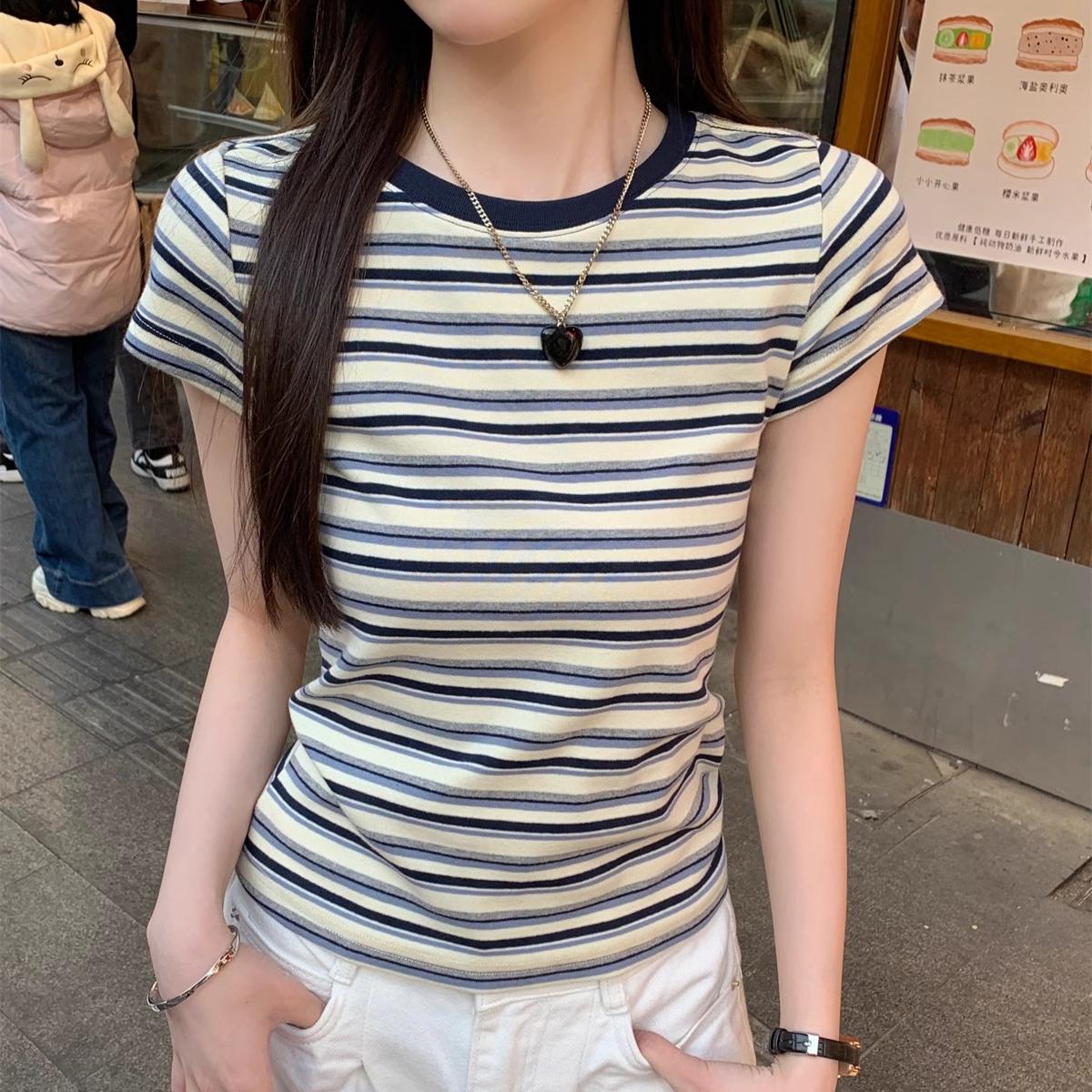 

Summer Fashion Colorful stripes Women O-Neck T-Shirts harajuku cotton Short Sleeve Casual slim tees Clothes Female crop top XL