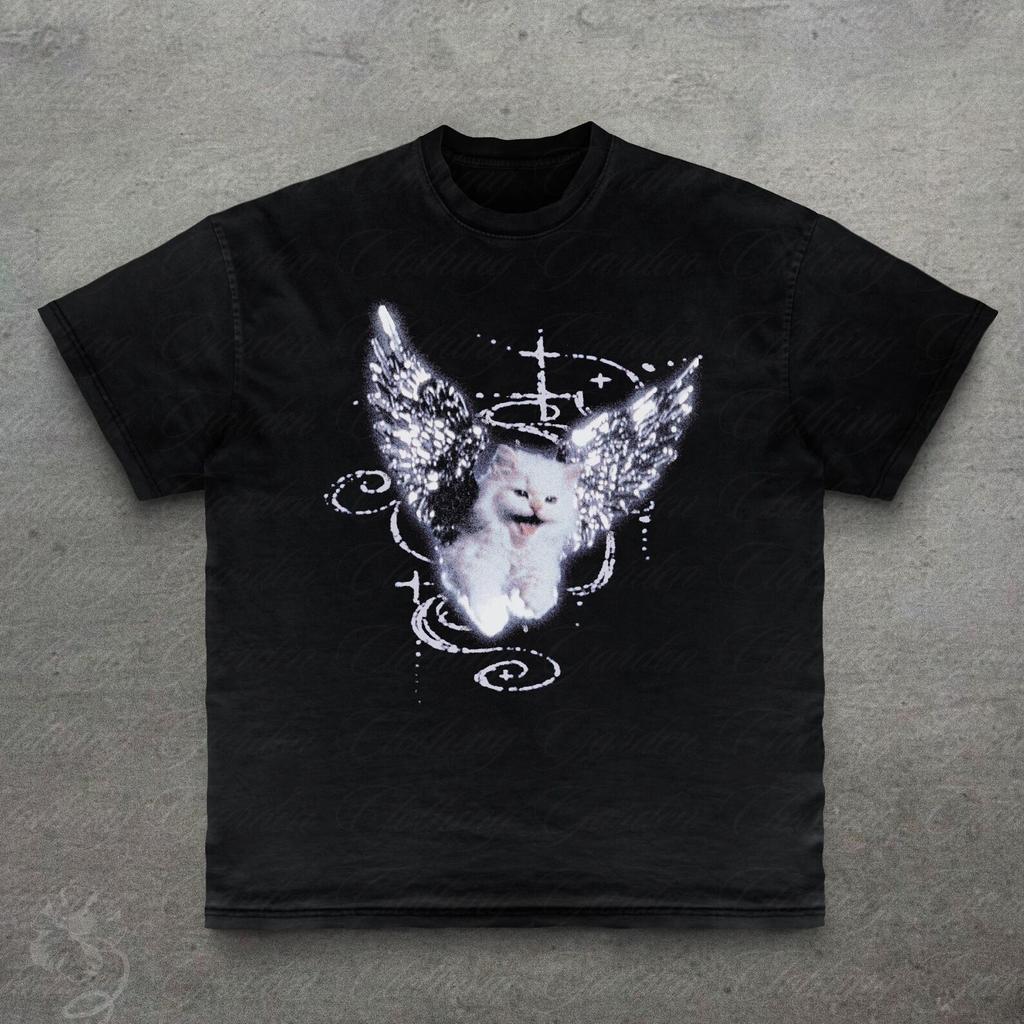 Angel Cat Graphic Tee, Cute Cat Shirt, Y2K Grunge Style Top, Funny Cat Gift For Her, Unisex Vintage 90s Kitten T-Shirt