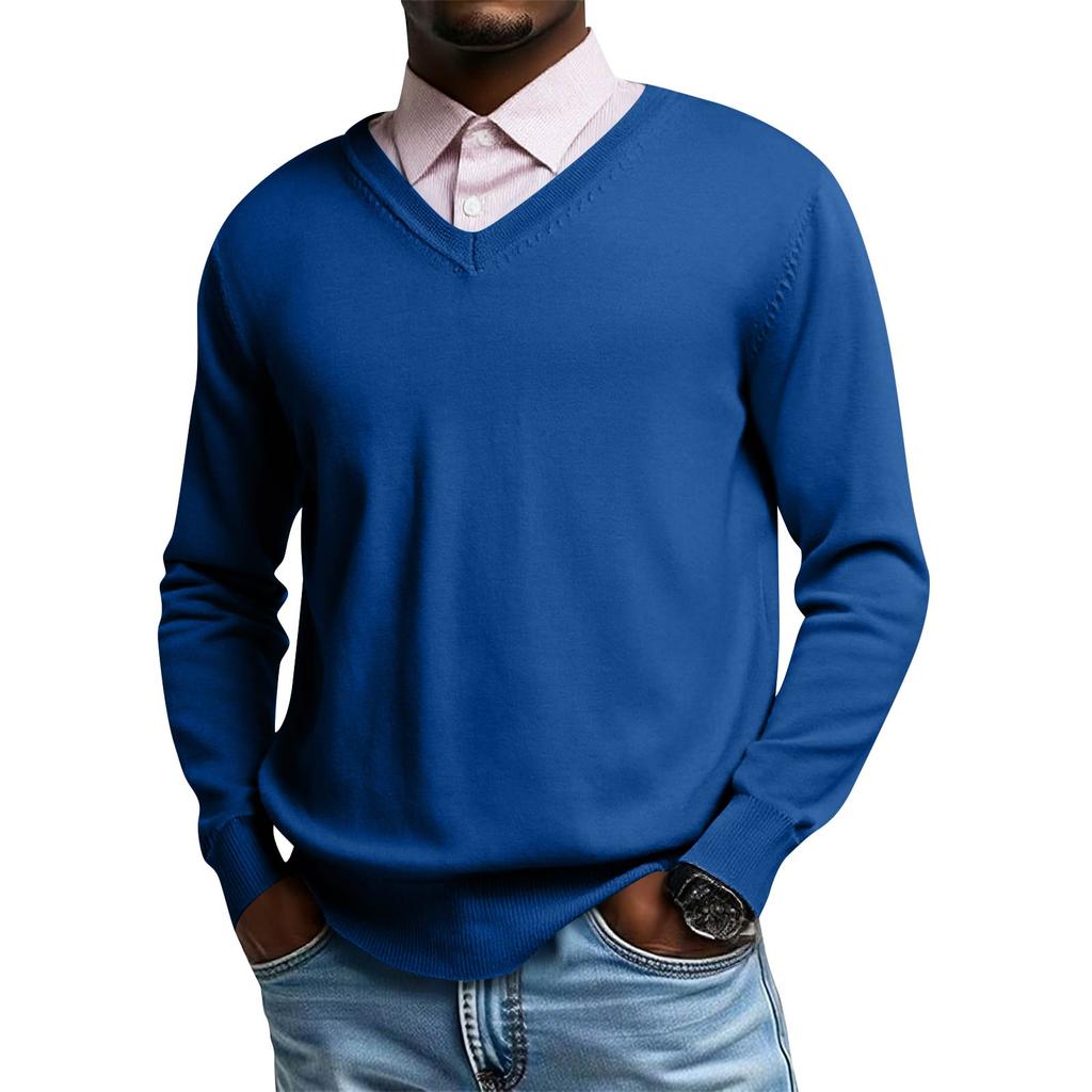 Męski dzianinowy top z dekoltem V i długim rękawem, codzienna wygoda, bluzka z długim rękawem