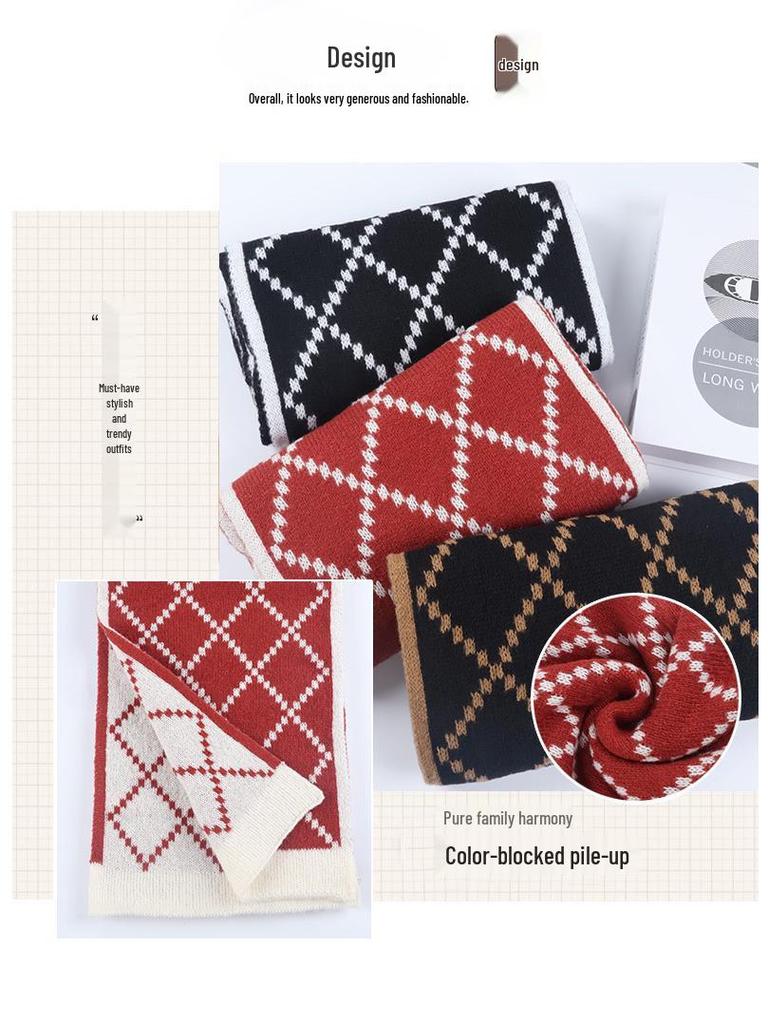 Écharpe à carreaux rouge vin: Châle chaud et polyvalent pour l'automne/hiver, style coréen imitation cachemire.