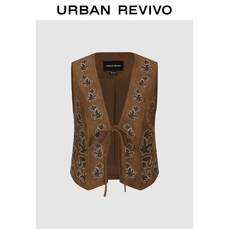 UR 2026 Autumn Floral Embroidered V-Neck Tie-Up Vest M