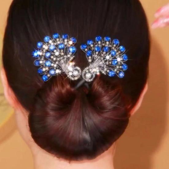 Hair Clip Peacock Phoenix Calla Shape Shiny Rhinestones Inlaid Hair Claw Hand-Embroidered Bun Maker