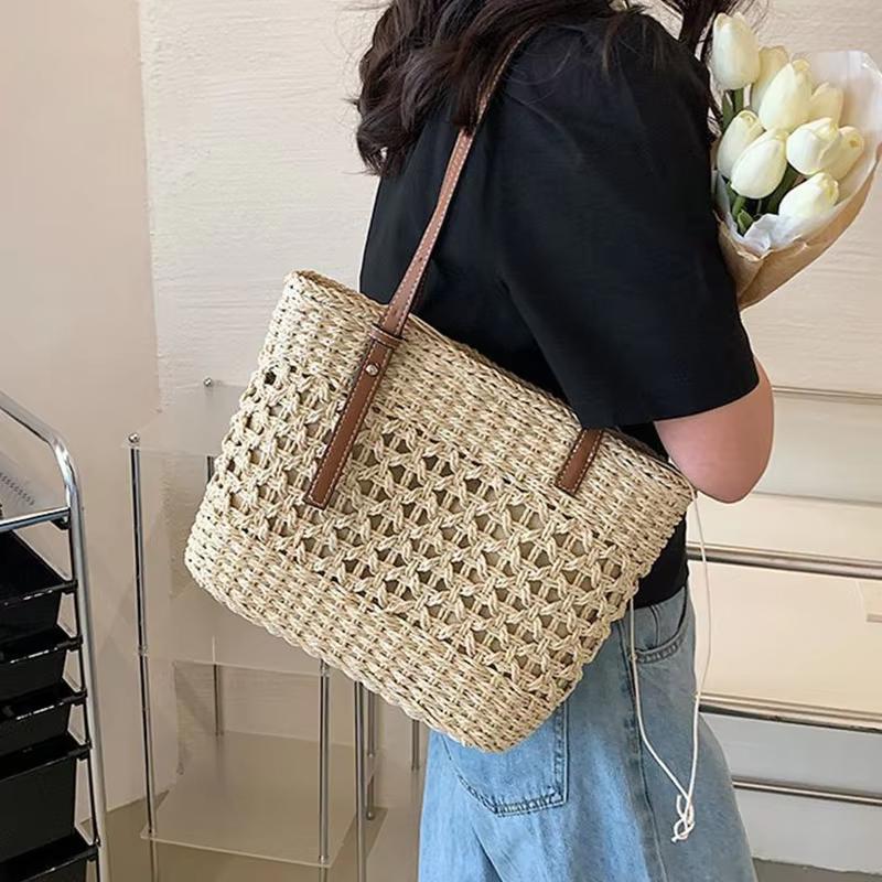 Boho Hohl Stroh Häkeln Tragetasche Damen PU Riemen Kordelzug Futter Strand Schultertasche