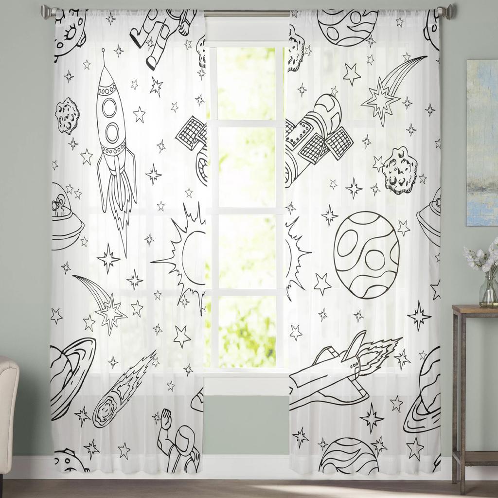 Spaceship Space Rocket Astronaut Earth Tulle Curtains For Living Room Kitchen Sheer Voile Curtain Bedroom Window Panels